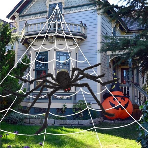 200" Halloween Spider Web + 59" Giant Spider Decorations Fake Spider - Picture 1 of 8